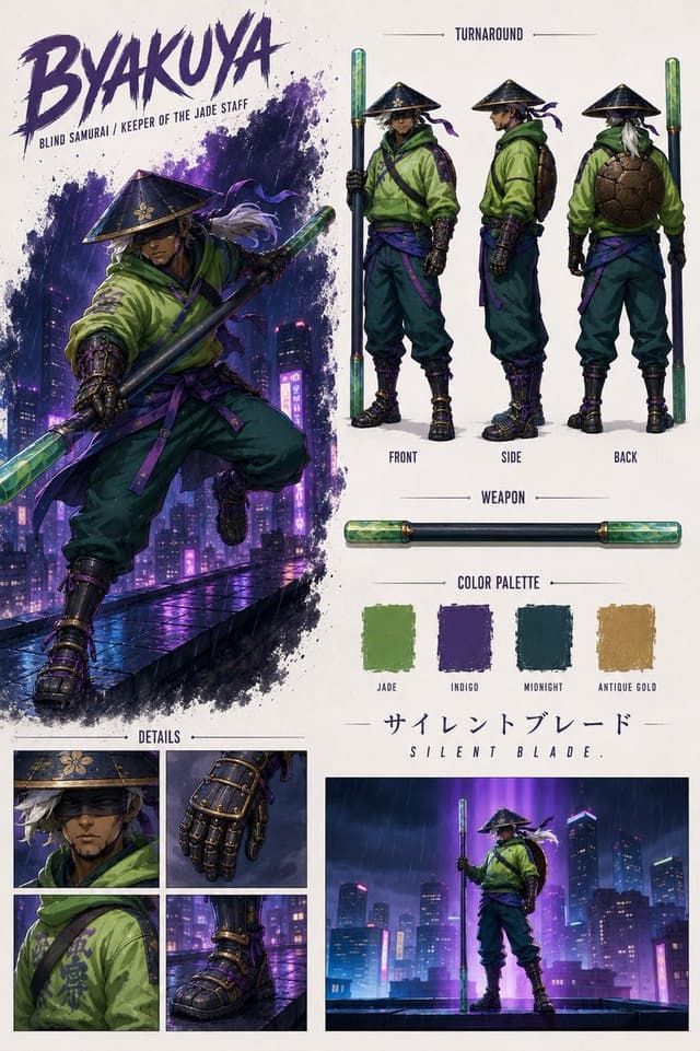 Comic / Storyboard - Byakuya Cyberpunk Samurai Character Sheet — output