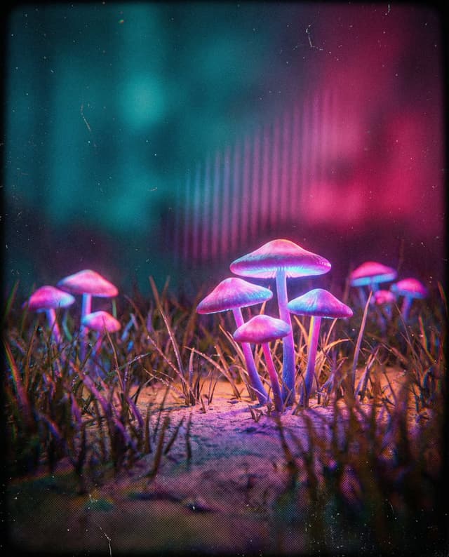 Bioluminescent Mushroom Cluster in Retro Sci-Fi Style — output