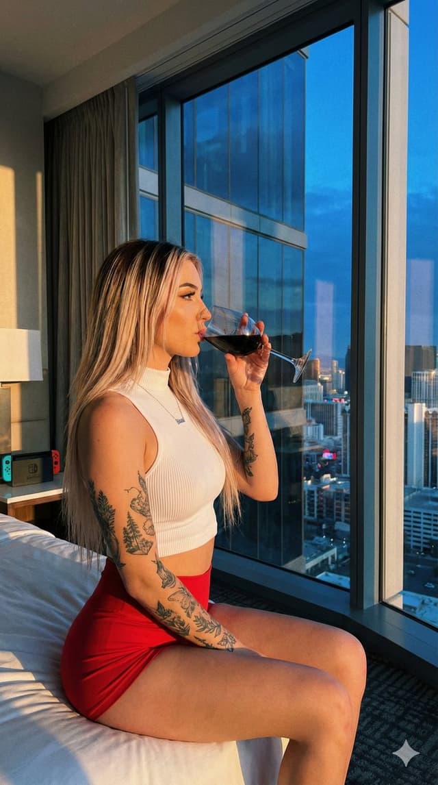 Candid Medium Shot of Woman Sipping Wine in Vegas Hotel — output