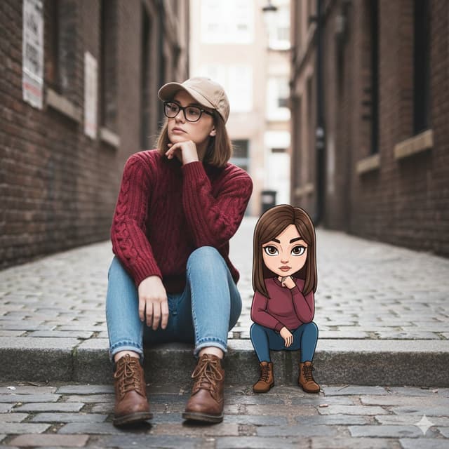 Cinematic Street Portrait with Whimsical Illustrated Avatar — output