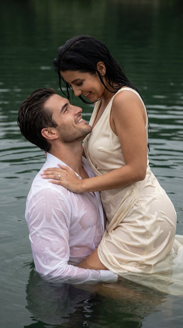 Product Marketing - Cinematic Couple Embrace in Lake Prompt (Wet Fabric Physics) — output