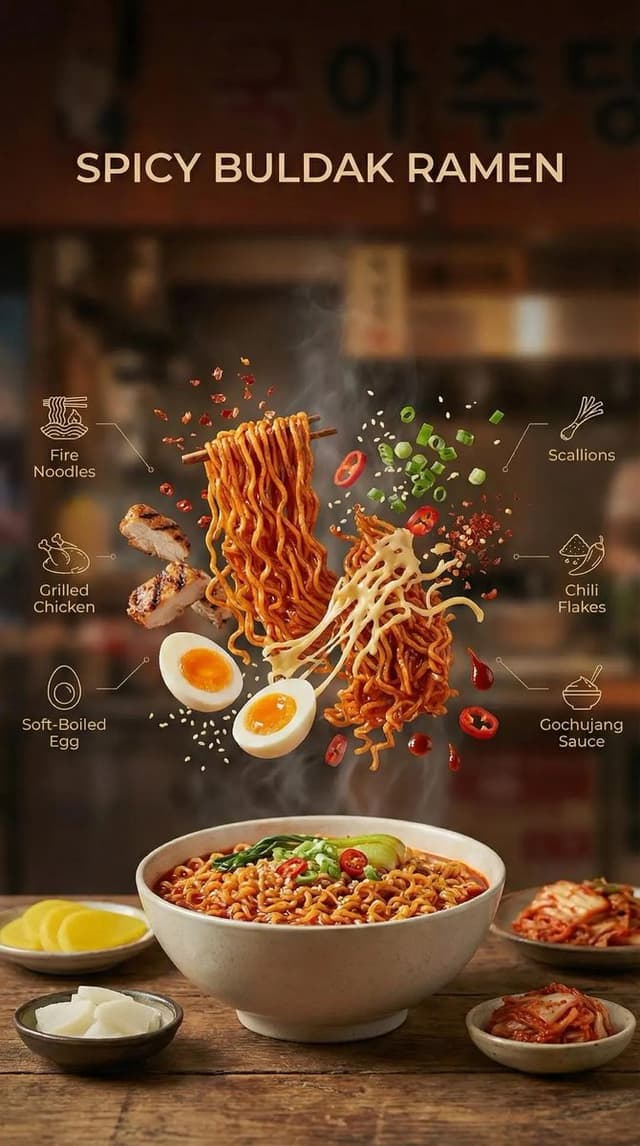 Product Marketing - Cinematic Commercial Shot of Deconstructed Buldak Ramen — output