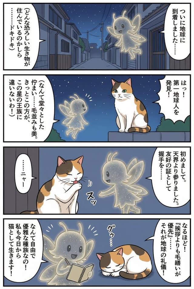 Four-panel manga of a fairy who thinks Earth is a cat planet — output
