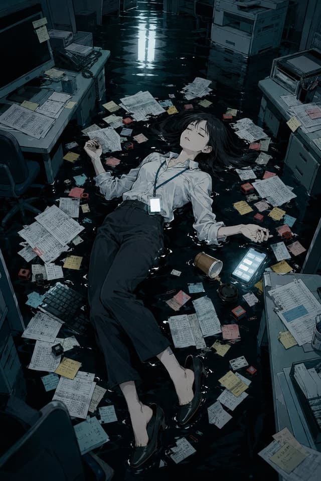Comic / Storyboard - Flooded Office Burnout Anime Scene — output