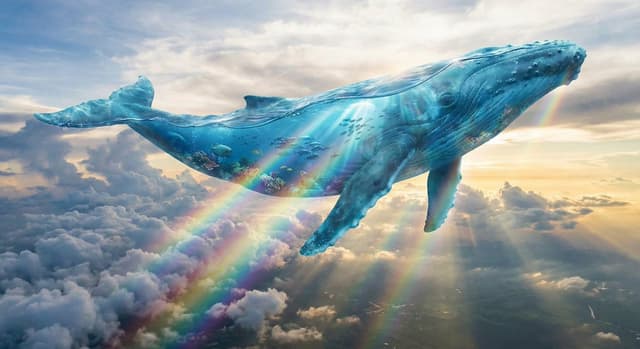Surreal translucent blue whale in the clouds — output