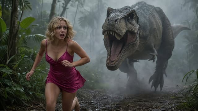 Comic / Storyboard - Terrified Woman Pursued by T-Rex in Jungle — output