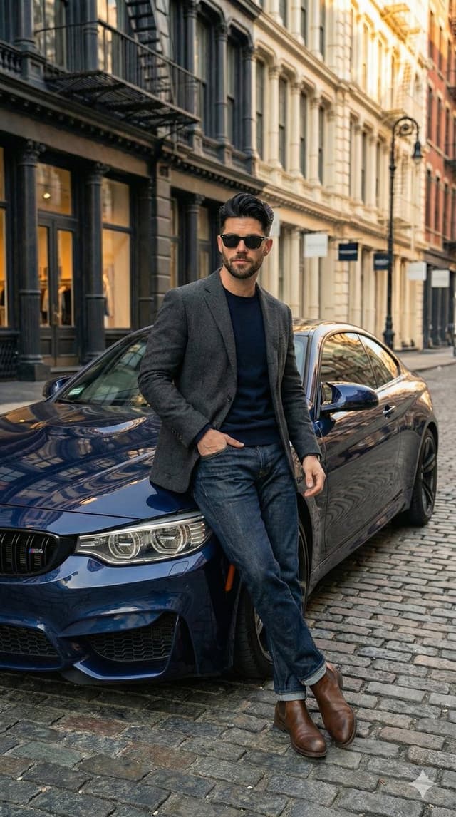 Hyper-Realistic Street View of Man Leaning on BMW — output