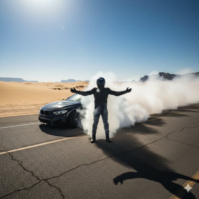 Cinematic Desert Drifting Scene with Batman-like Figure — output