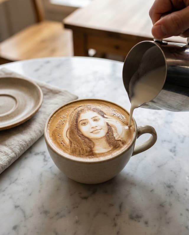 Hyper-realistic Latte Art Portrait Prompt (Identity Preservation) — output