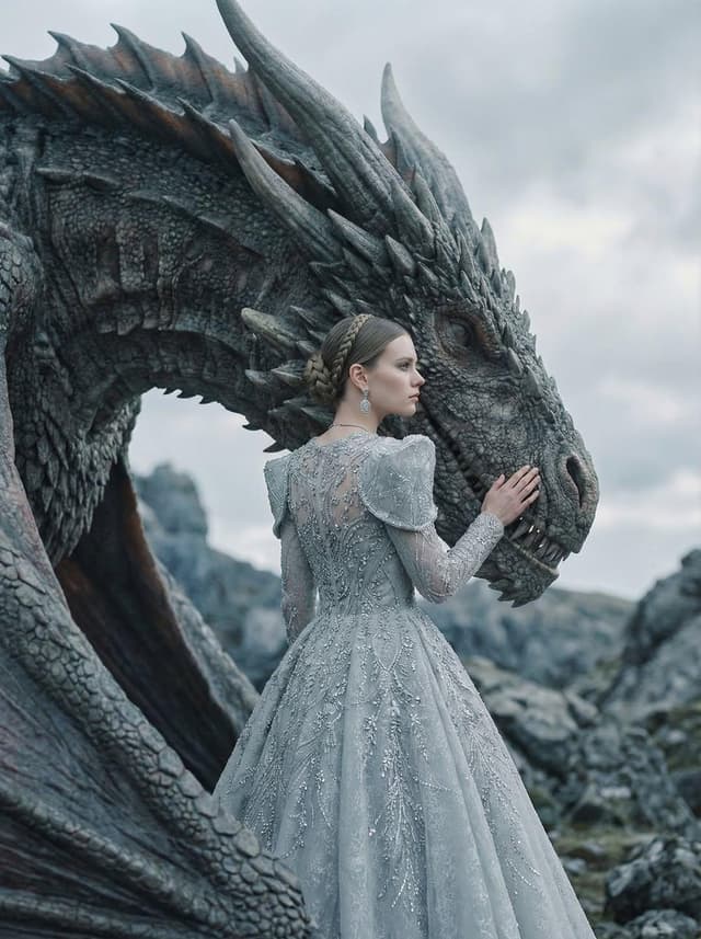 Couture Woman and Majestic Dragon Portrait — output