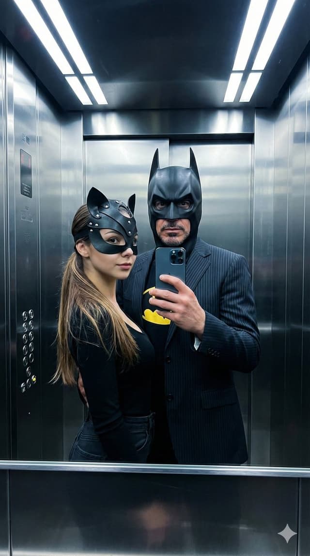 Cinematic Bat/Cat Couple Mirror Selfie with Identity Lock — output