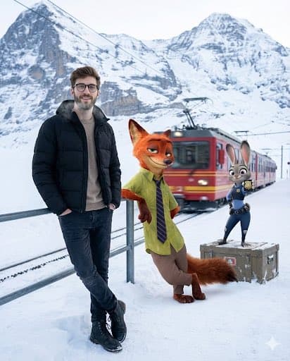 YouTube Thumbnail - Cinematic Winter Travel Scene with Zootopia Characters — output