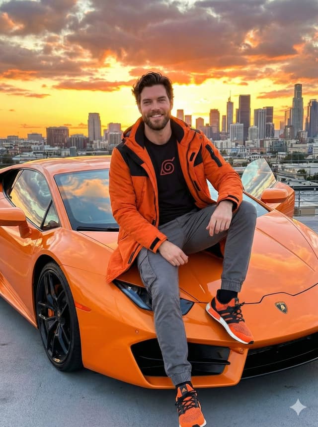 Streetwear Man on Lamborghini at Sunset — output