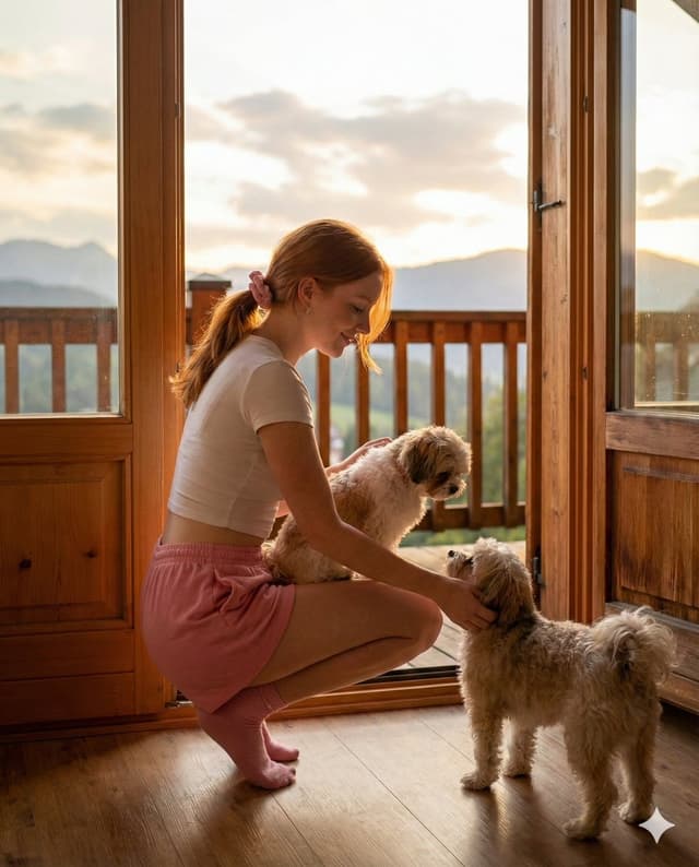 Social Media Post - Golden Hour Cabin Portrait with Puppies Prompt — output