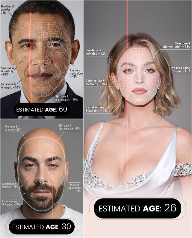 Futuristic facial age-checker infographic portrait — output