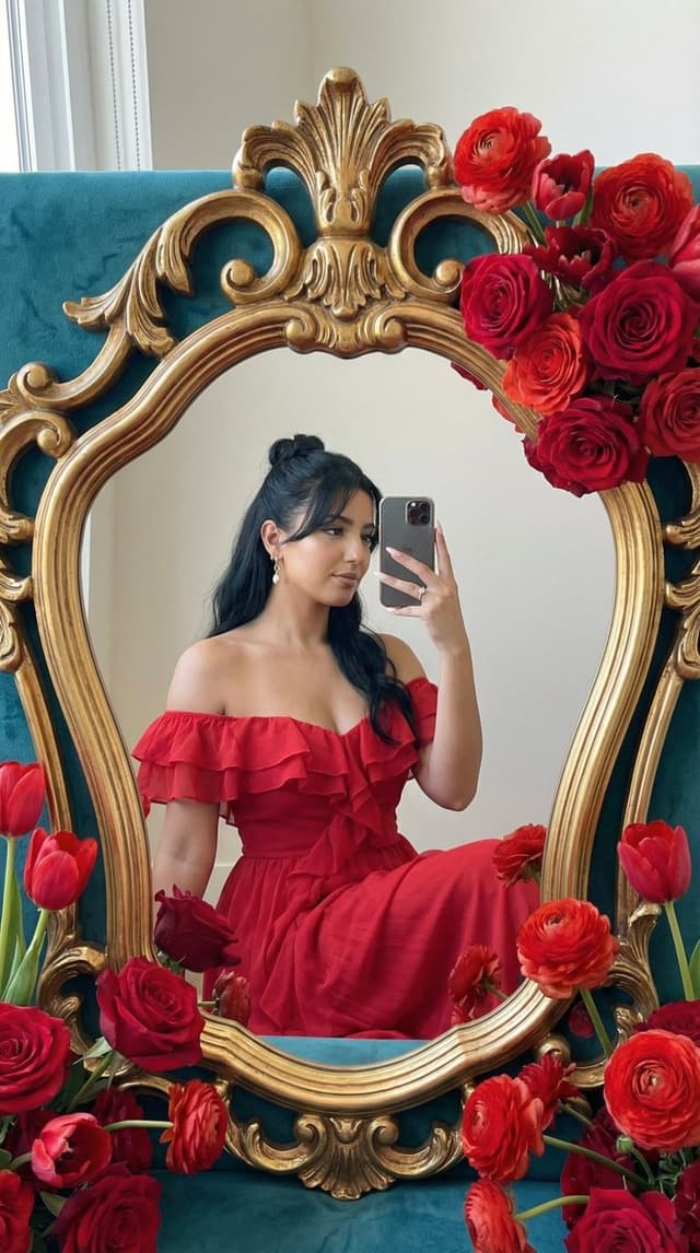 Photoreal Editorial Mirror Selfie with Floral Frame — output