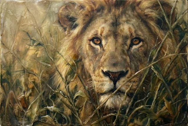 Heavily Detailed Oil Painting of a Lion in a Thicket — output