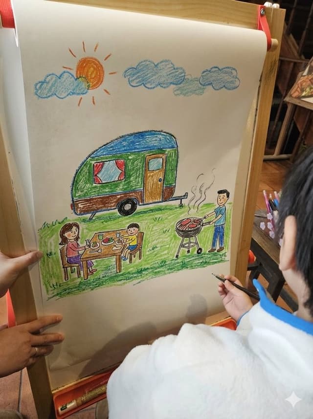 Childlike crayon-style family camping drawing — output