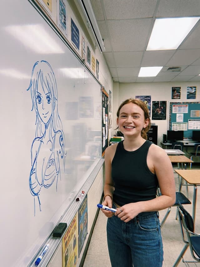 Candid Classroom Photo with Anime Sketch on Whiteboard — output