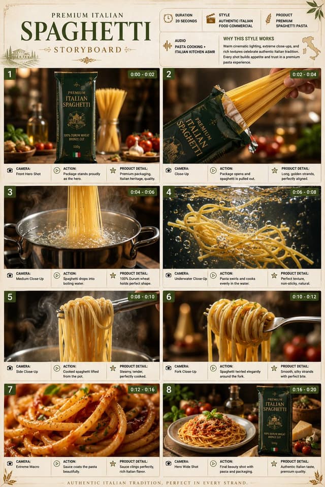 Comic / Storyboard - Premium Italian Spaghetti Commercial Storyboard — output