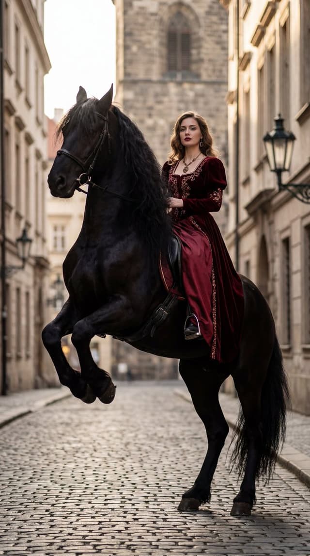 Product Marketing - High-Fashion Horseback Portrait on Vintage Street — output