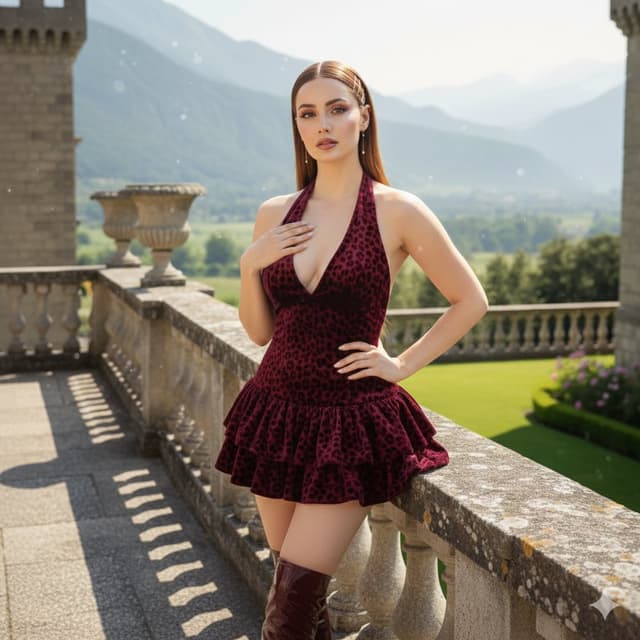 Luxury Fashion Photography of Ana de Armas in a Velvet Dress on a Castle Terrace — output