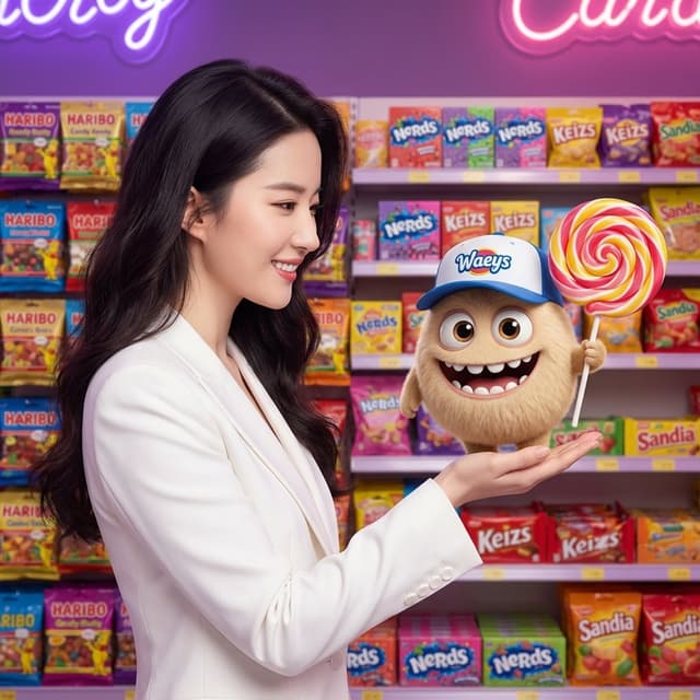 Mixed-Media Portrait with CGI Mascot in Candy Store — output