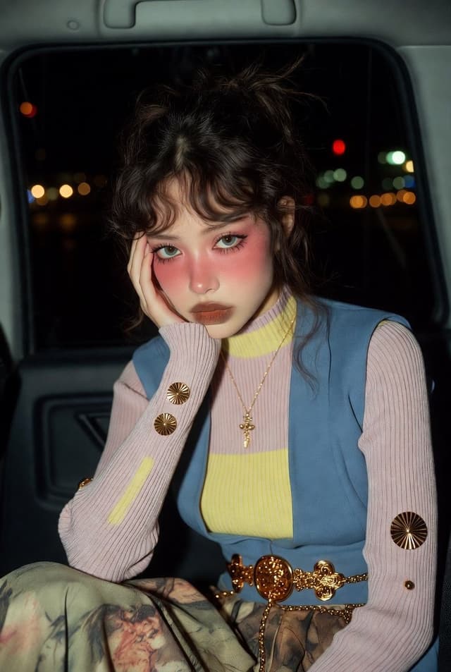 Ethereal Doll-like Portrait in a Night Car Interior — output