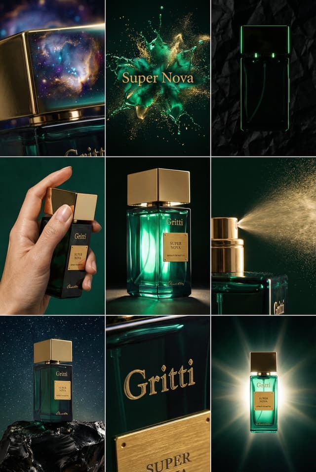 Product Marketing - JSON Prompt for Cinematic Perfume Editorial Grid — output