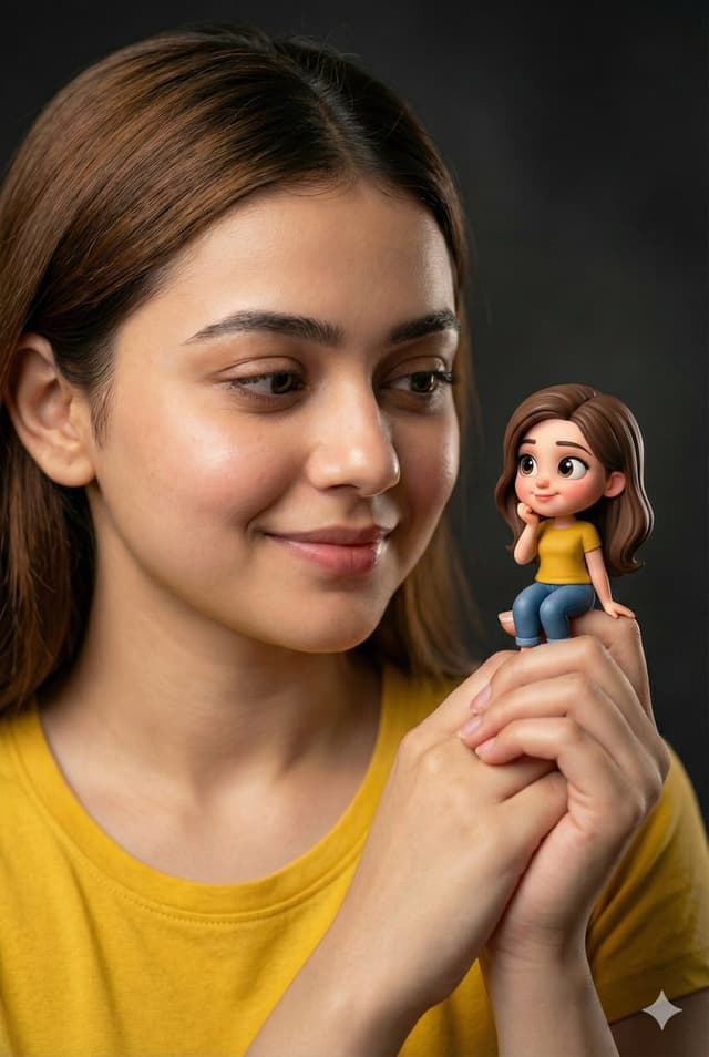Woman Holding Miniature Figurine Portrait Prompt — output