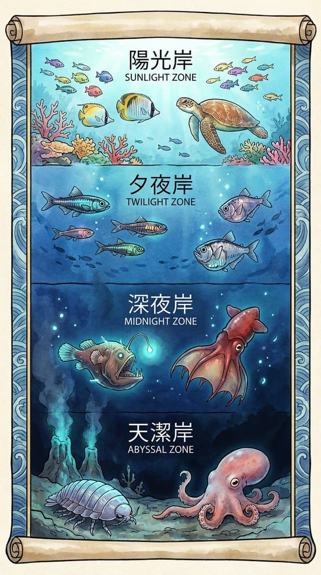 Deep-Sea Creatures Poster in Japanese Anime Style — output