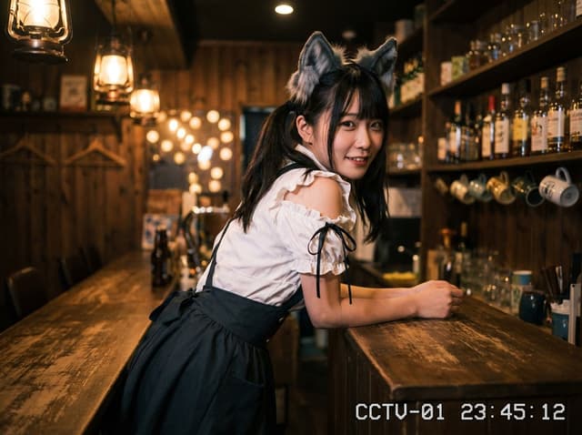 Cozy Maid Café Portrait with CCTV Aesthetic — output