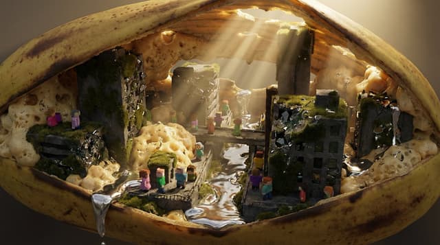 Nano-Scale Cityscape Inside a Banana Peel Prompt — output