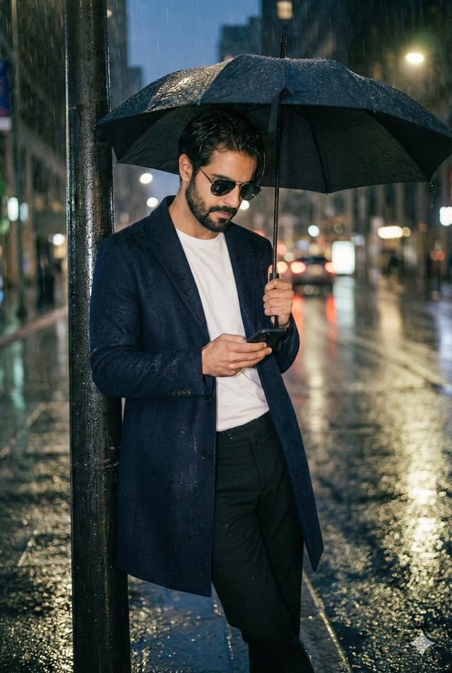 Product Marketing - Cinematic Rainy Night Street Portrait of a Confident Man — output