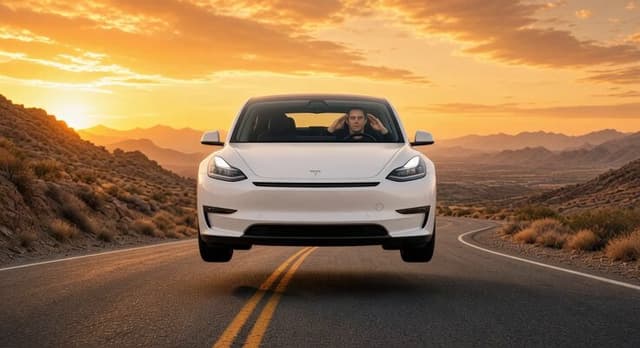 Grok Imagine Video Prompt: Tesla Flying Car Scene