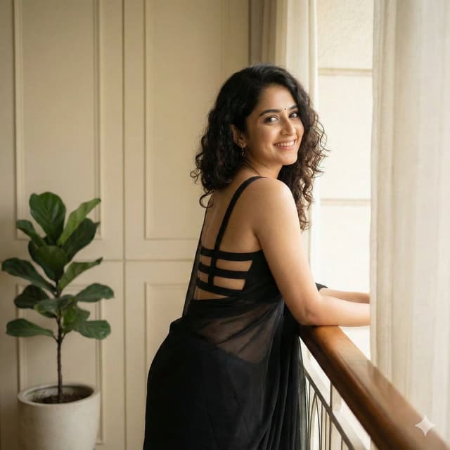Woman in Backless Saree Leaning on Wooden Railing — output