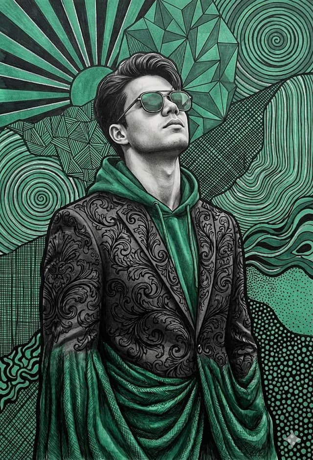 Emerald and Charcoal Mixed-Media Pop Realism Portrait Prompt — output