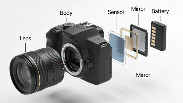 Exploded View DSLR Camera Illustration — output