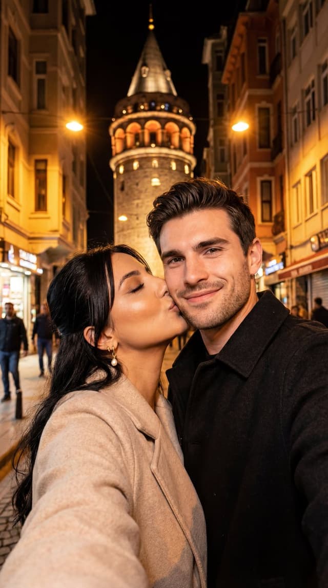 Night City Selfie Kiss Prompt (Galata Tower) — output
