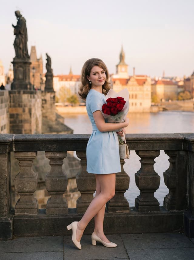 Editorial Photograph of Woman with Roses in Prague (JSON) — output