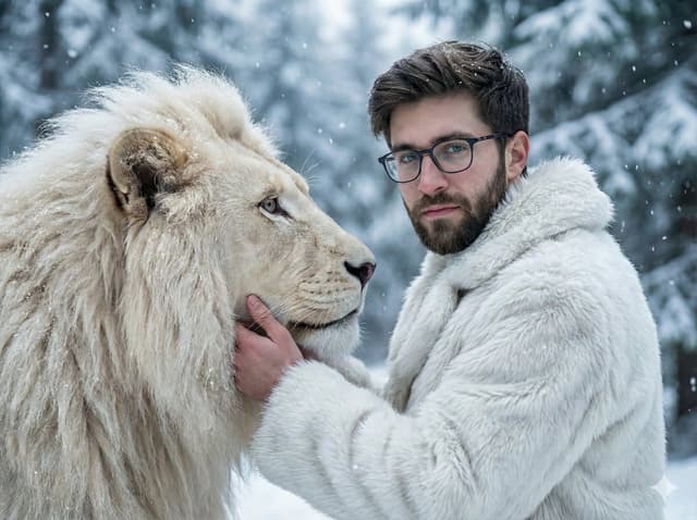 Cinematic Portrait of Man and White Lion in Snowy Forest — output