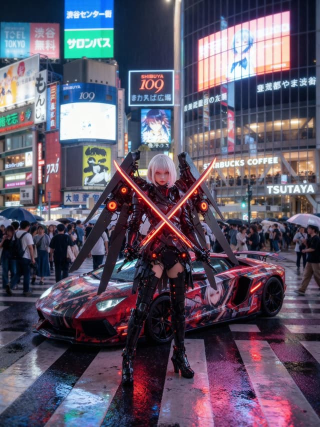 Cosplayer with itasha at Shibuya Scramble Crossing — output