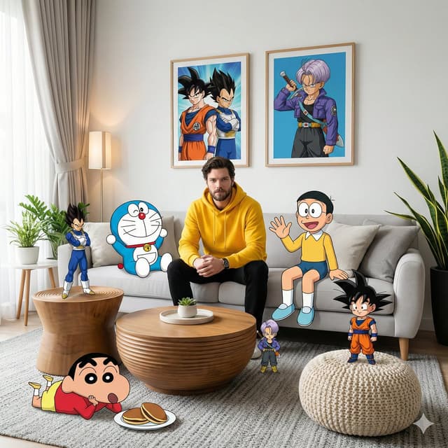 Mixed-Media Anime and Reality Living Room Scene Prompt — output