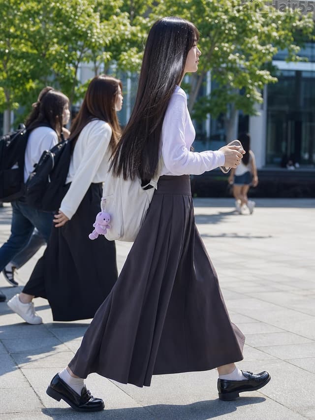 Social Media Post - Walking Student in Brown Pleated Skirt