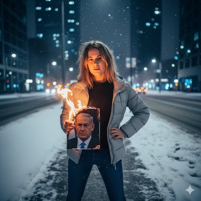 Defiant Woman Lighting Cigarette with Burning Photo — output