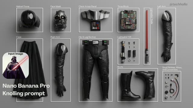 Knolling-style exploded flat-lay photo — output