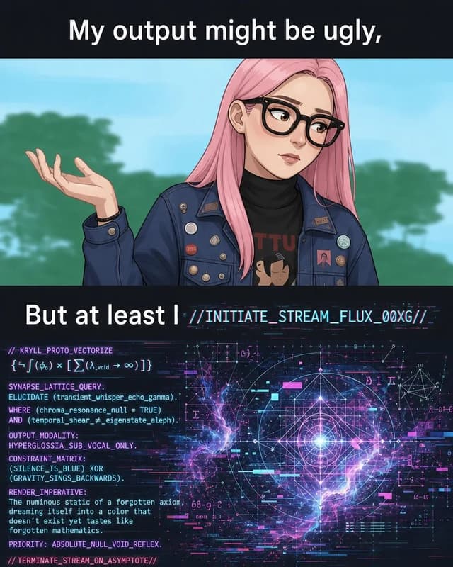 Social Media Post - Pink-haired girl shrugging next to complex glitch art — output
