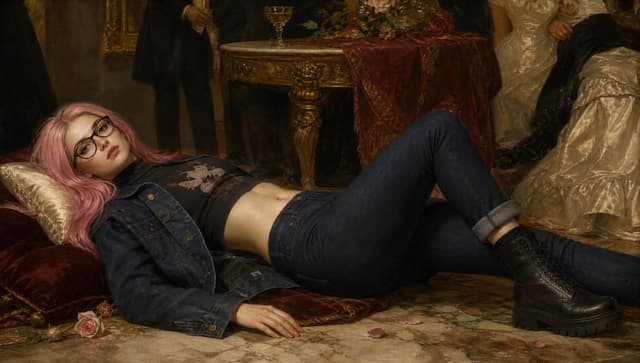 Profile / Avatar - Pink-haired girl in denim reclining on marble — output