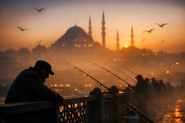 Cinematic Silhouette of Fishermen on Galata Bridge — output