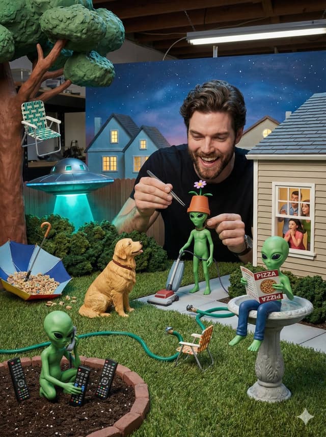 Miniature Diorama of Confused Alien in a Suburban Backyard — output